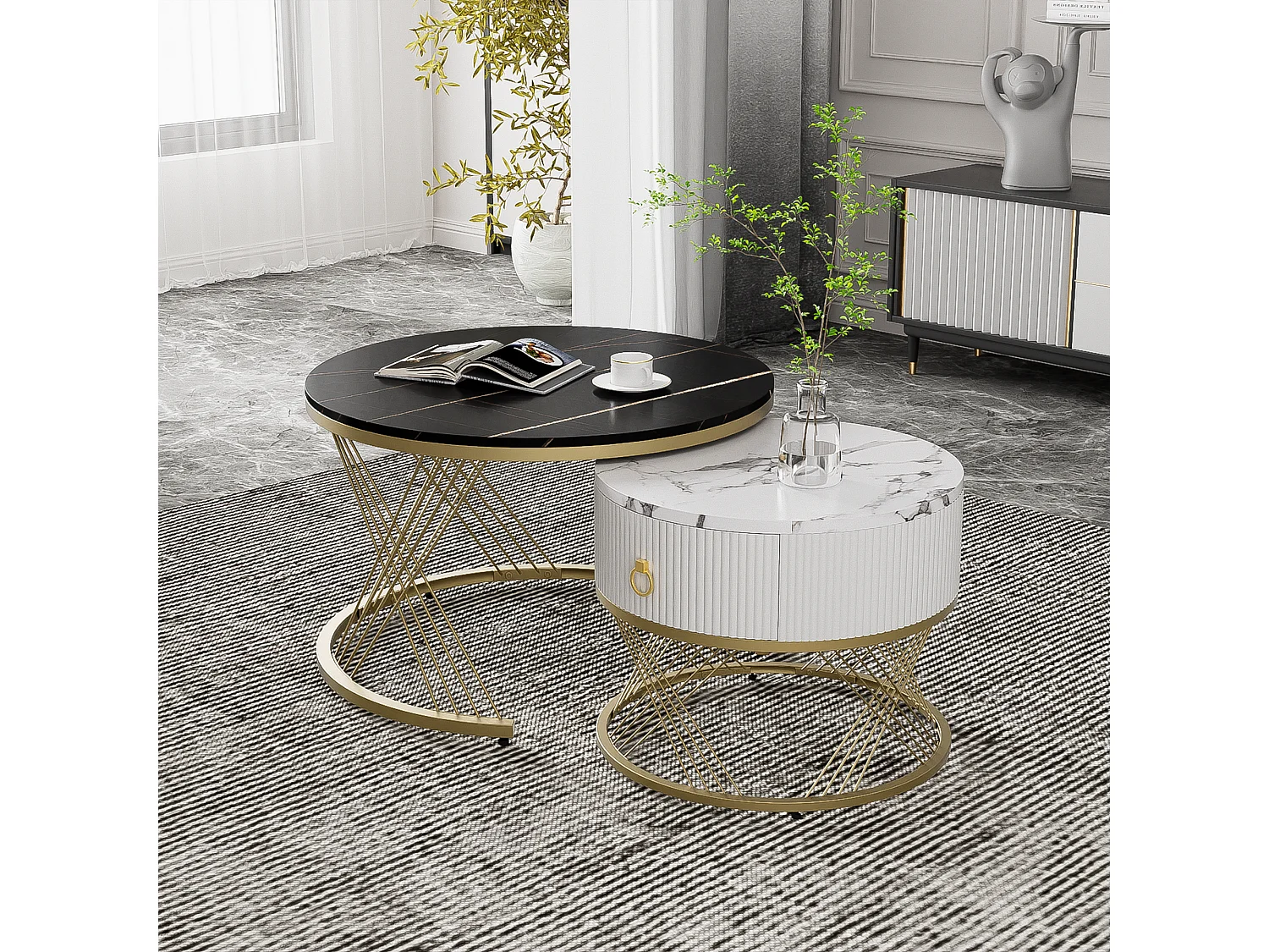 Set of 2 nesting coffee tables with a drawer, round tables - Gold metal legs - Marble pattern tops - Black + white