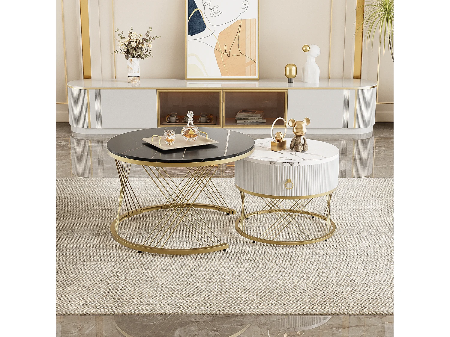 Set of 2 nesting coffee tables with a drawer, round tables - Gold metal legs - Marble pattern tops - Black + white