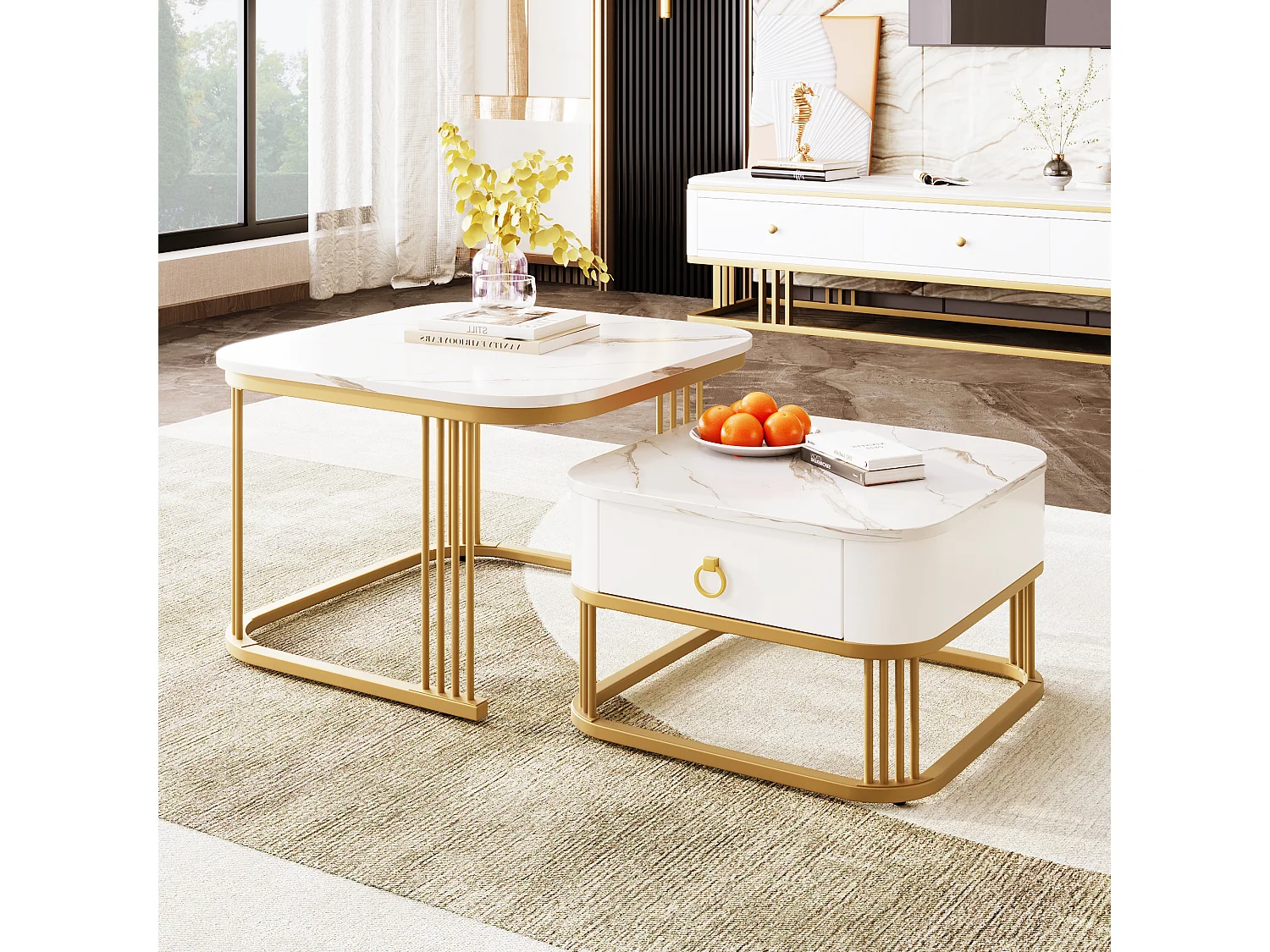 Set of 2 nesting coffee tables with 1 drawer each, square coffee table - marble-effect tops - wood and metal - glossy white