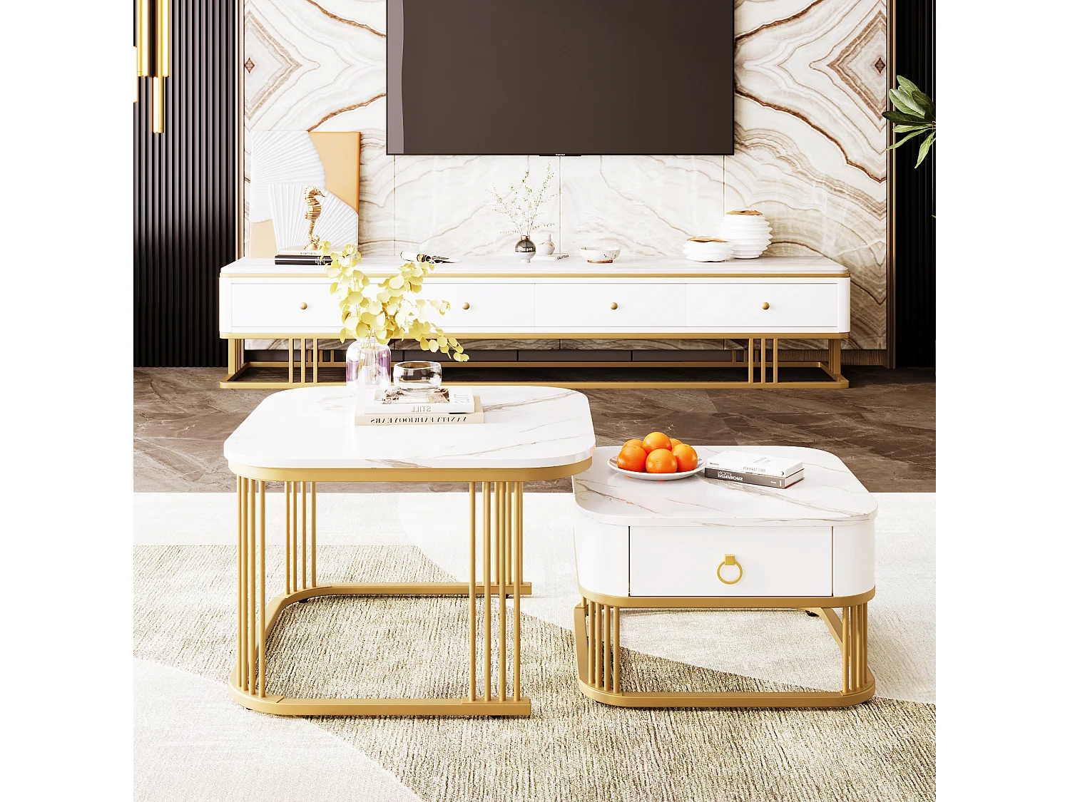 Set of 2 nesting coffee tables with 1 drawer each, square coffee table - marble-effect tops - wood and metal - glossy white