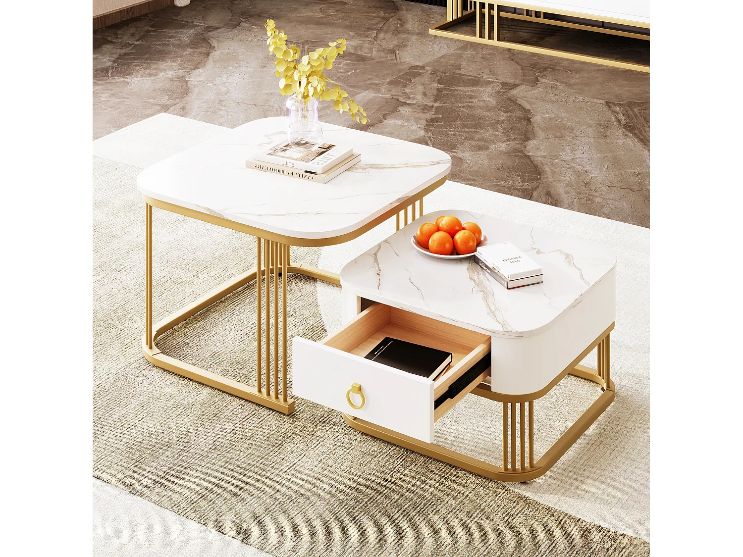 Set of 2 nesting coffee tables with 1 drawer each, square coffee table - marble-effect tops - wood and metal - glossy white