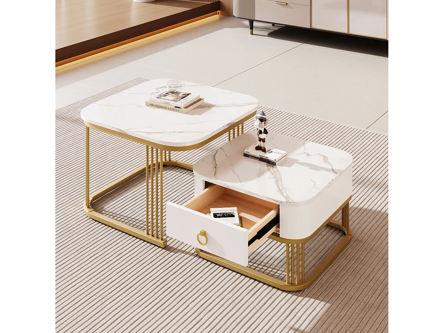 Set of 2 nesting coffee tables with 1 drawer each, square coffee table - marble-effect tops - wood and metal - glossy white