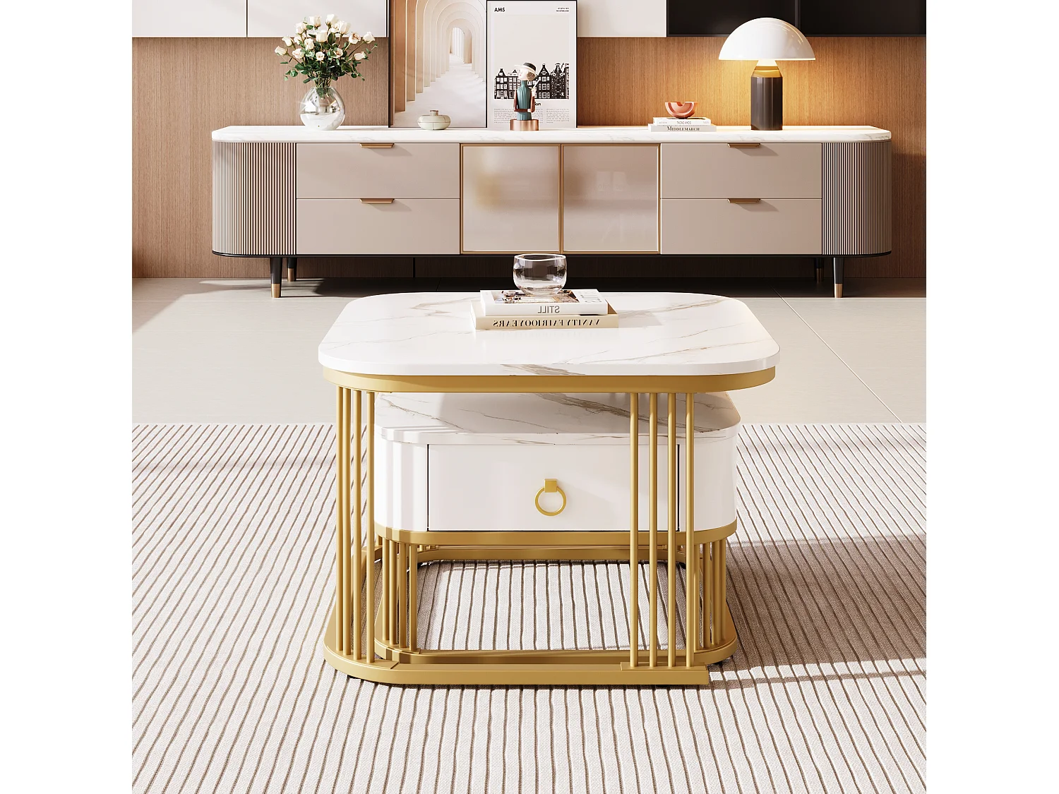 Set of 2 nesting coffee tables with 1 drawer each, square coffee table - marble-effect tops - wood and metal - glossy white