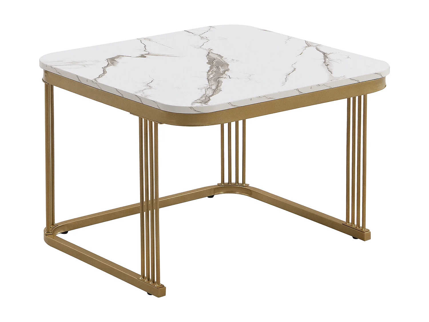 Set of 2 nesting coffee tables with 1 drawer each, square coffee table - marble-effect tops - wood and metal - glossy white