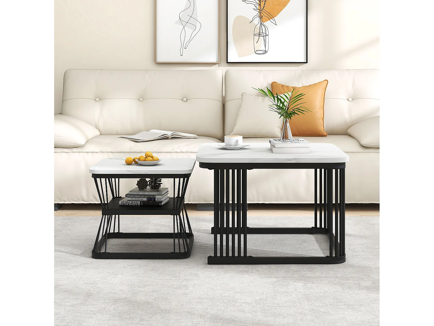 Set of 2 nesting coffee tables with shelf - side table with marble veneer - metal legs - white and black