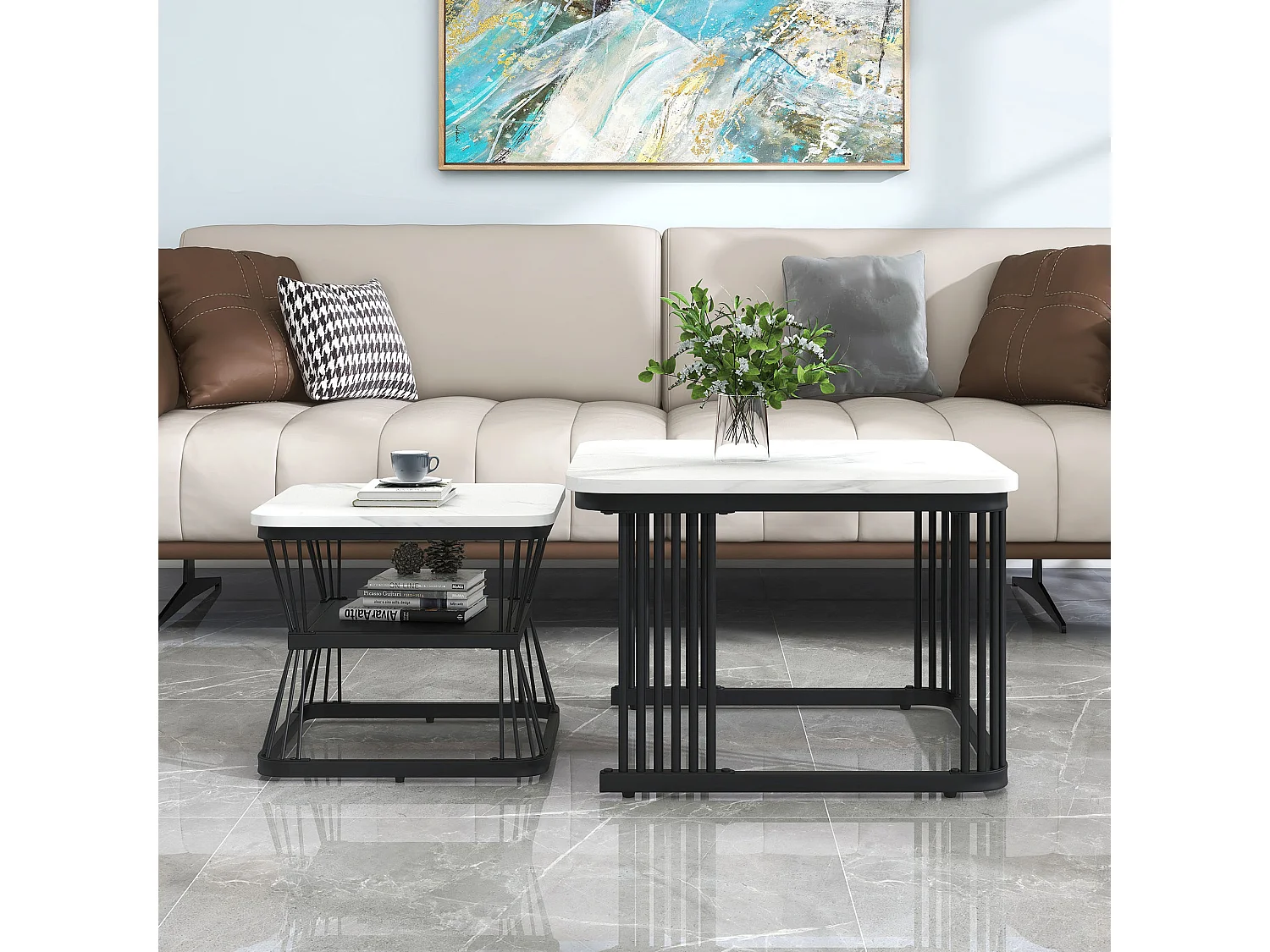 Set of 2 nesting coffee tables with shelf - side table with marble veneer - metal legs - white and black
