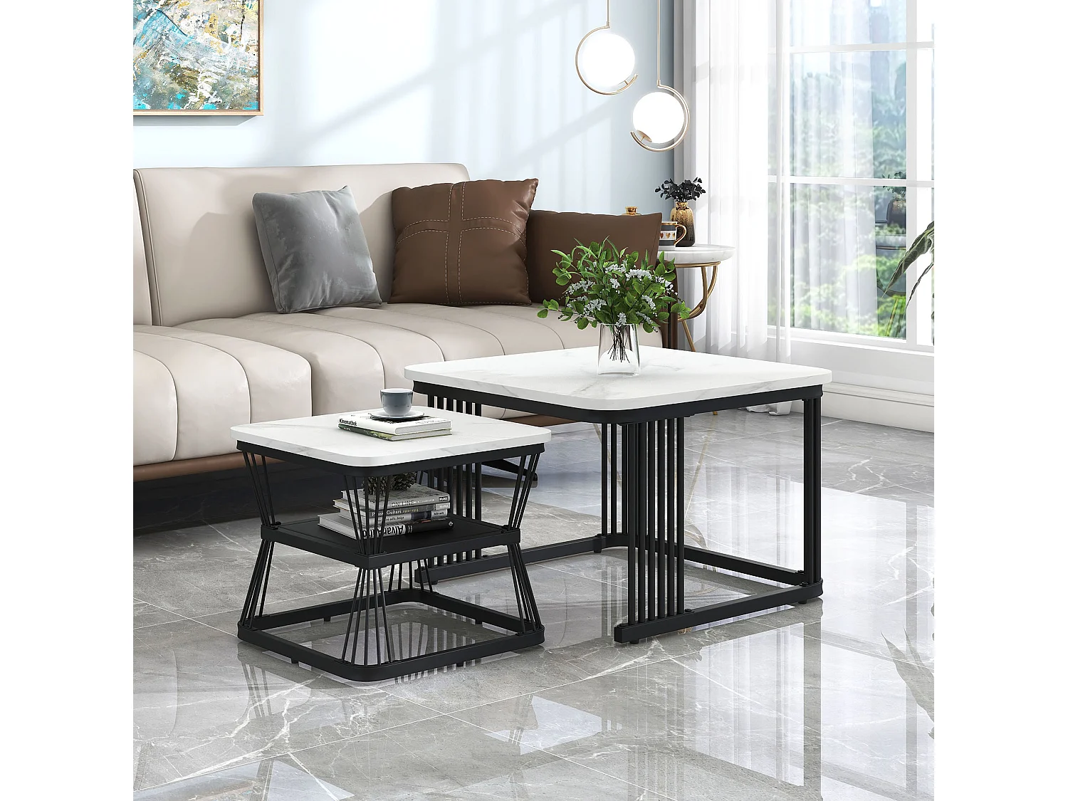 Set of 2 nesting coffee tables with shelf - side table with marble veneer - metal legs - white and black