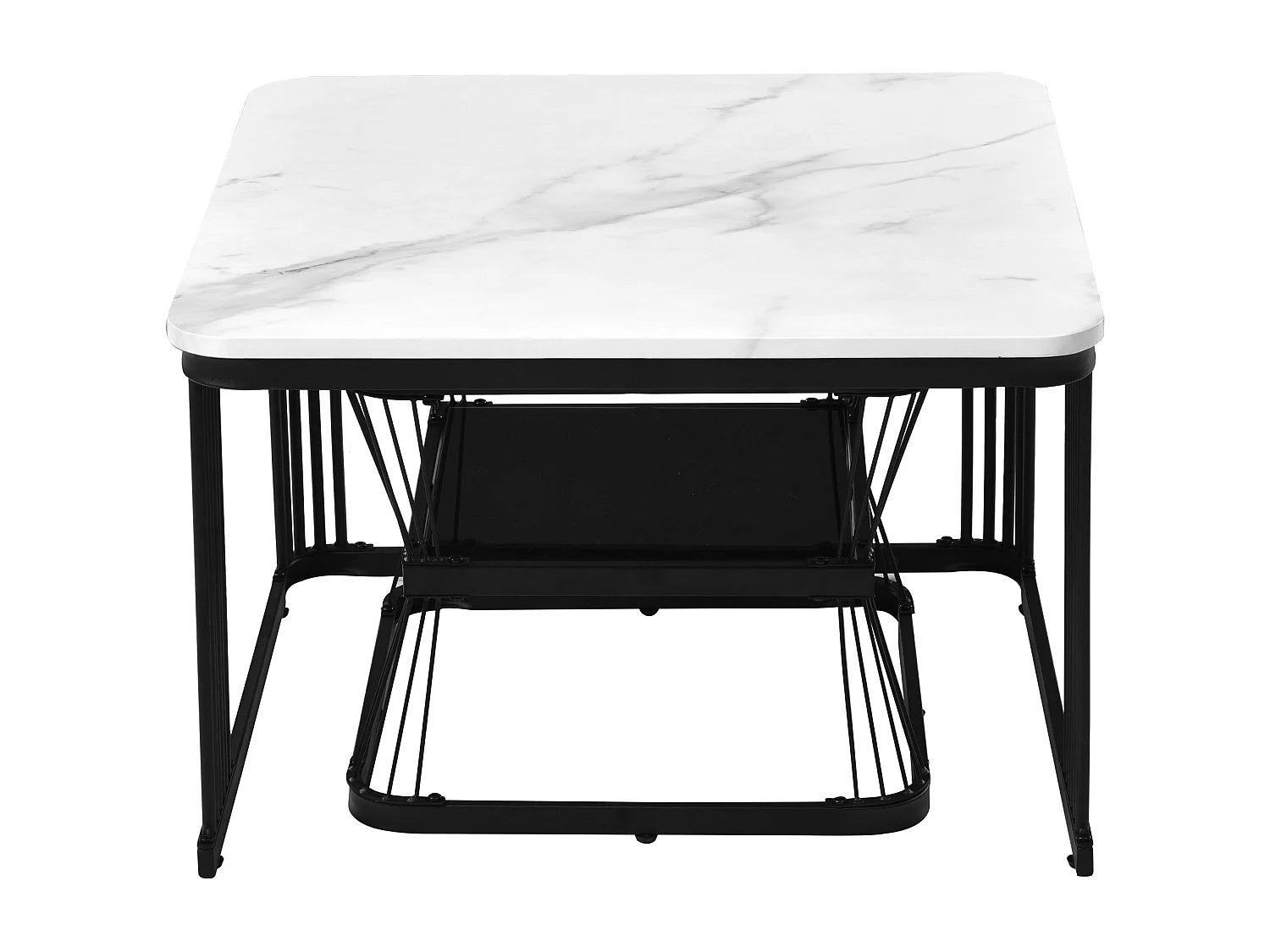Set of 2 nesting coffee tables with shelf - side table with marble veneer - metal legs - white and black