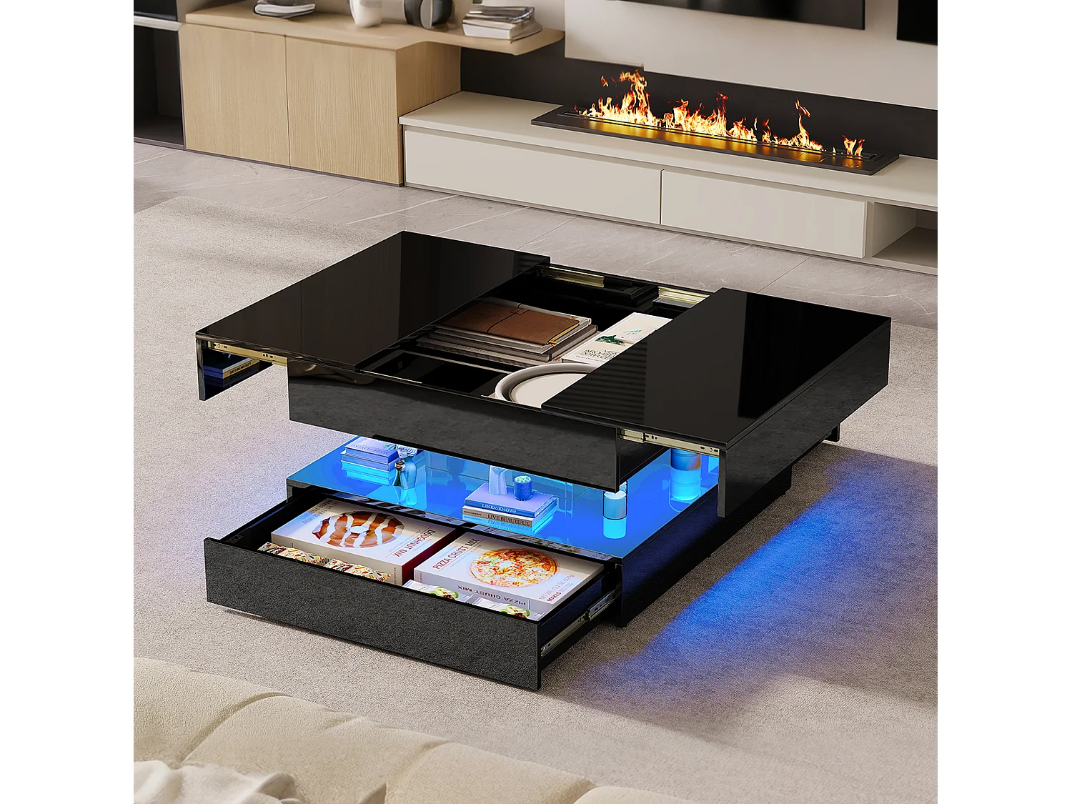 Table basse avec éclairage LED - tiroirs et rangement dissimulé - 78 x 78 x 43 cm - noir