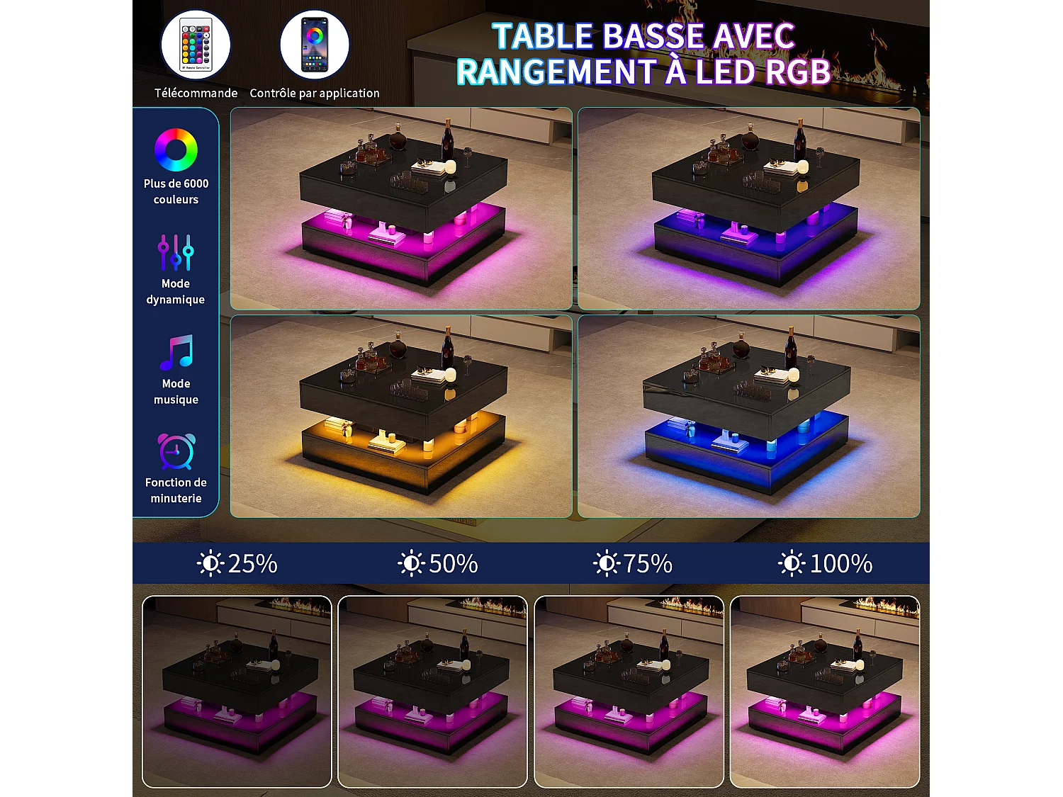 Table basse avec éclairage LED - tiroirs et rangement dissimulé - 78 x 78 x 43 cm - noir