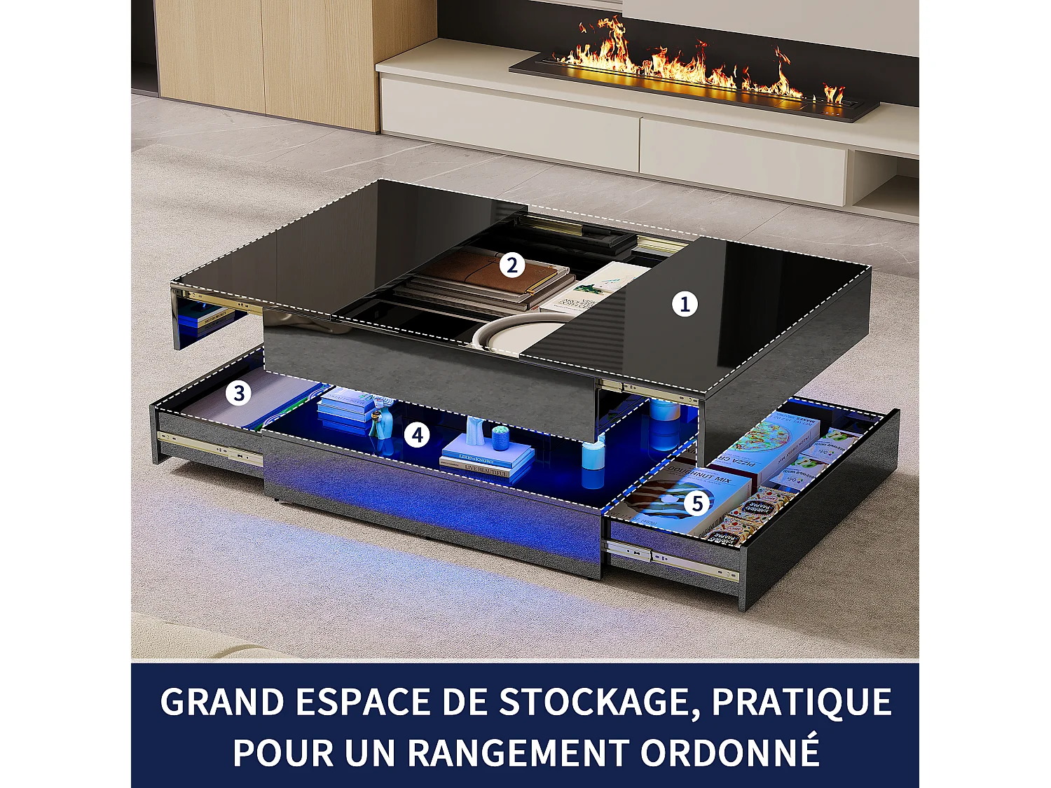 Table basse avec éclairage LED - tiroirs et rangement dissimulé - 78 x 78 x 43 cm - noir