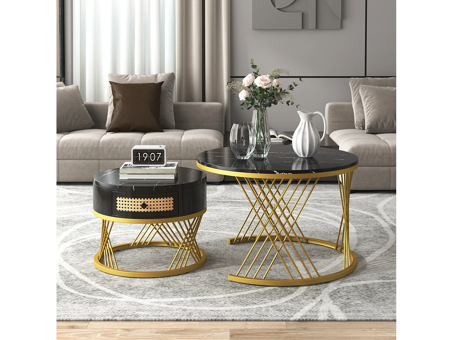 Set of 2 nesting coffee tables with drawer - MDF wood and metal - marble pattern top - black