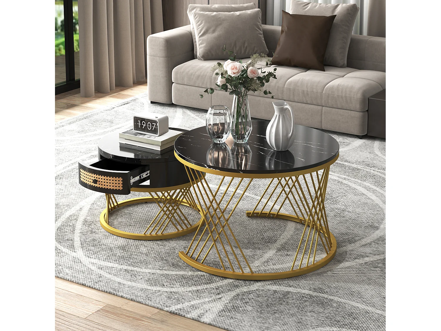 Set of 2 nesting coffee tables with drawer - MDF wood and metal - marble pattern top - black