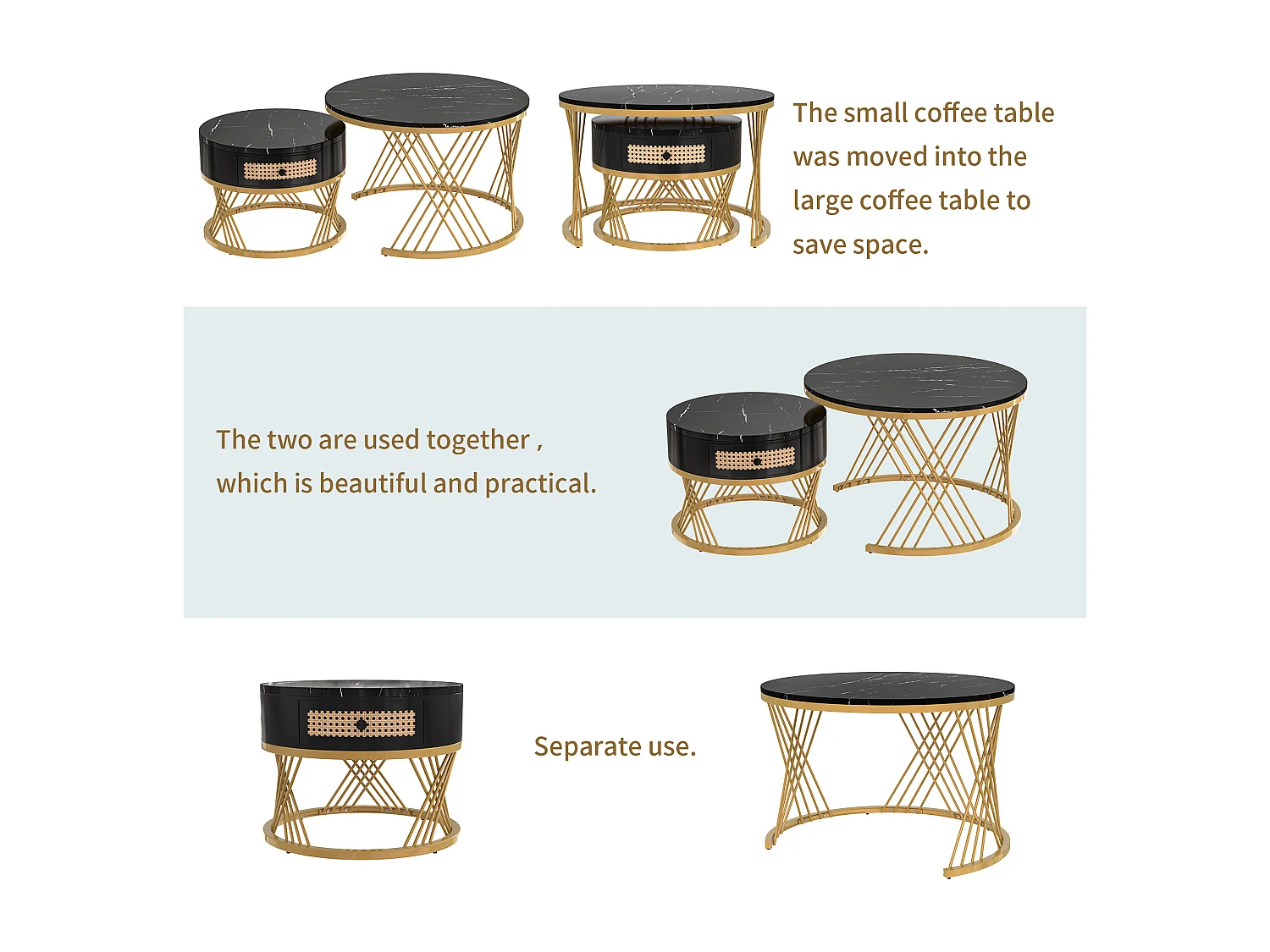 Set of 2 nesting coffee tables with drawer - MDF wood and metal - marble pattern top - black