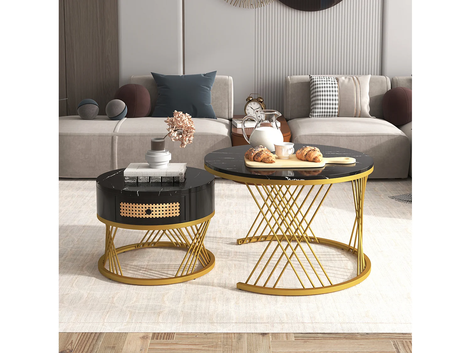Set of 2 nesting coffee tables with drawer - MDF wood and metal - marble pattern top - black
