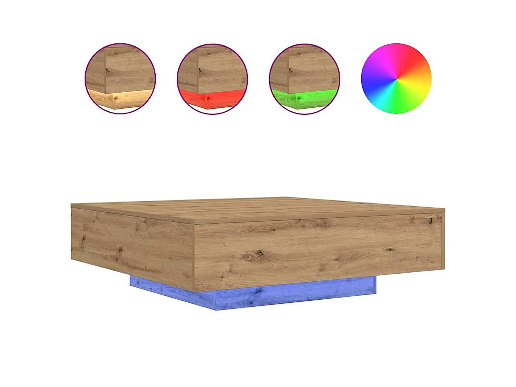 Mesa de centro con luces LED de roble artisan, para salón, 100 × 100 × 31 cm