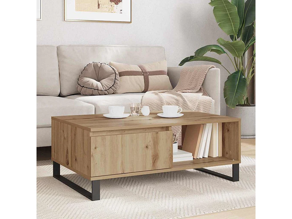 Mesa de centro de madera contrachapada roble artisan, 90 × 60 × 35 cm