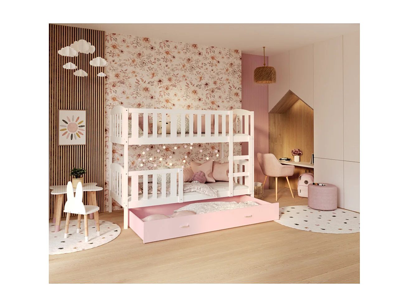 Lit Superpose Nilo 90x190 tiroir Blanc - rose