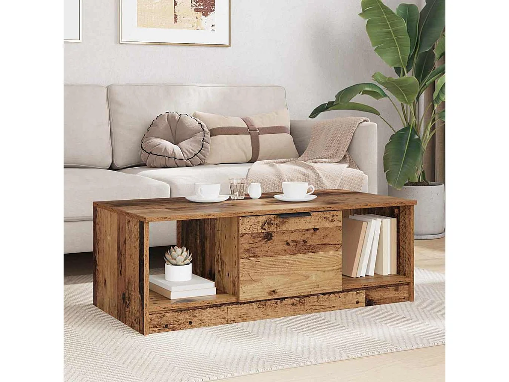 Mesa de centro de madera envejecida, 102 × 50 × 36 cm