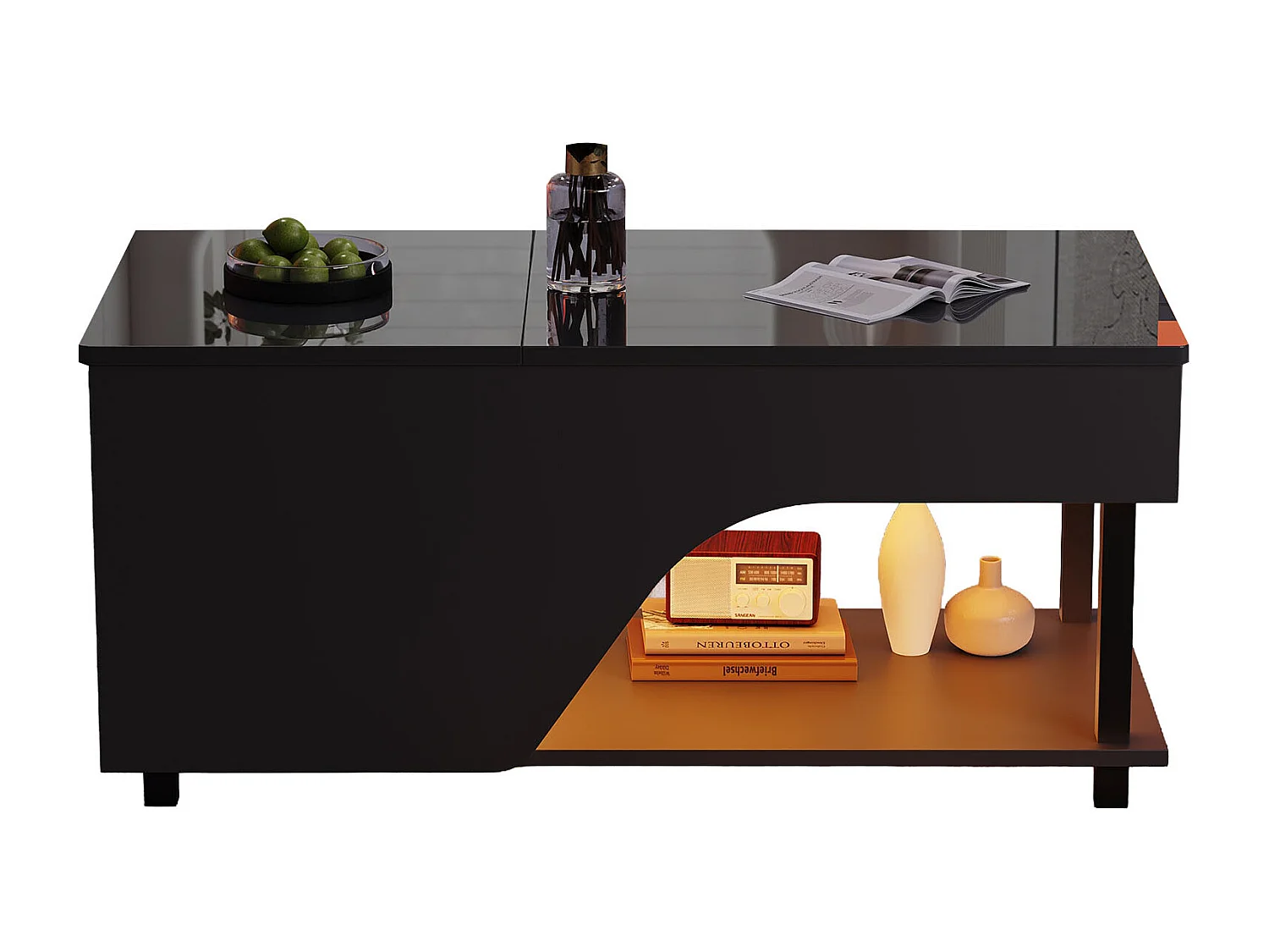 Hæve/sænke sofabord 100x50x46 cm - med LED-belysning - skjult opbevaring - Blank finish - Metalben - Sort