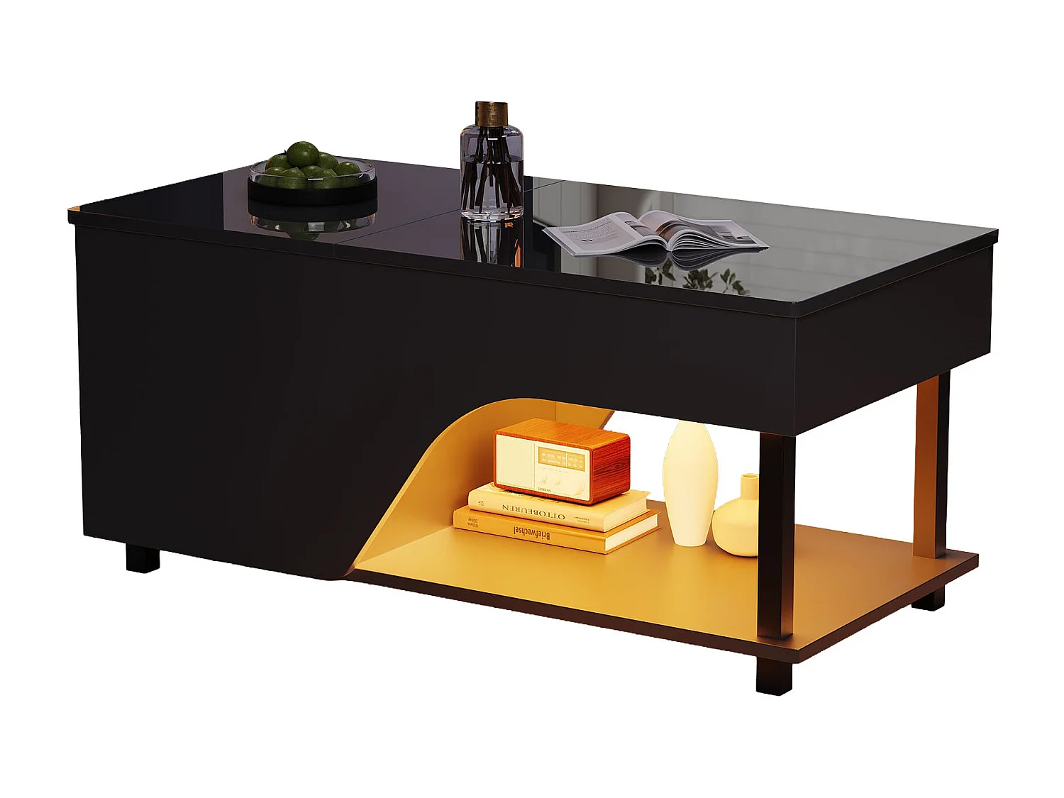 Hæve/sænke sofabord 100x50x46 cm - med LED-belysning - skjult opbevaring - Blank finish - Metalben - Sort