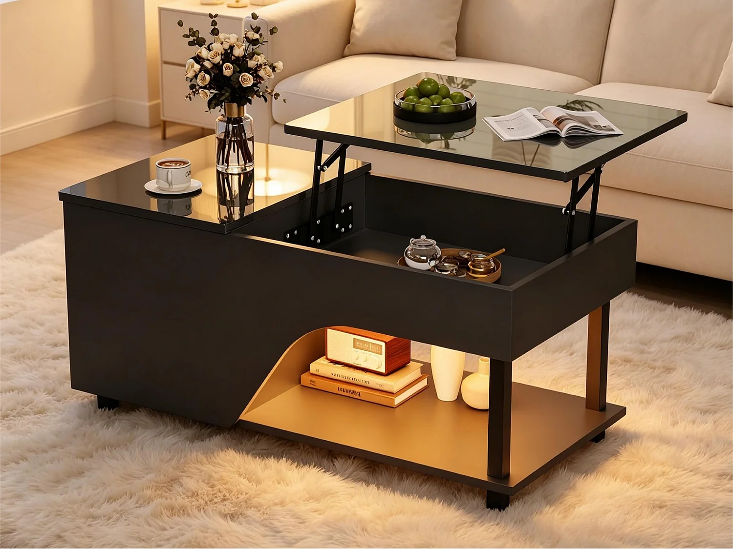 Hæve/sænke sofabord 100x50x46 cm - med LED-belysning - skjult opbevaring - Blank finish - Metalben - Sort