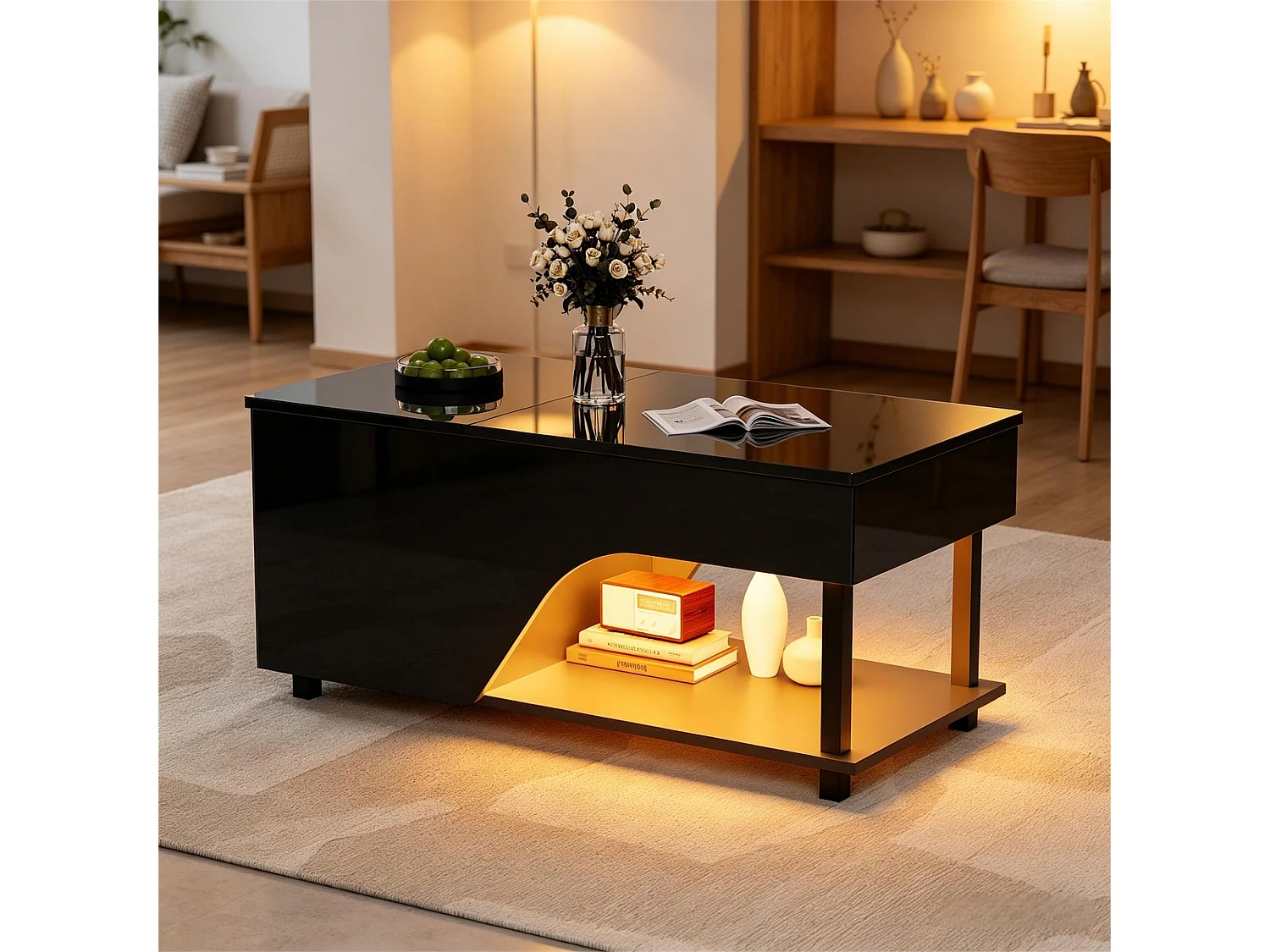 Hæve/sænke sofabord 100x50x46 cm - med LED-belysning - skjult opbevaring - Blank finish - Metalben - Sort