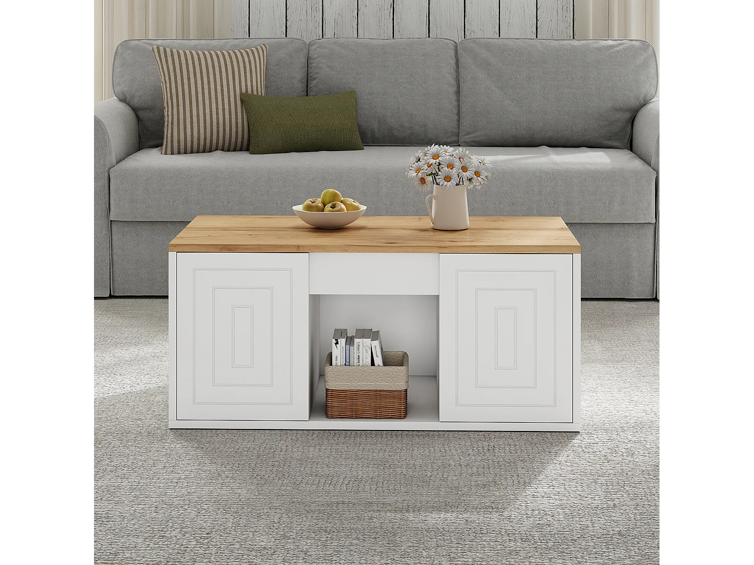 Höhenverstellbarer Couchtisch 95x46x45 cm - 2 Schranktüren - Spanplatten - Weiß + Naturholz