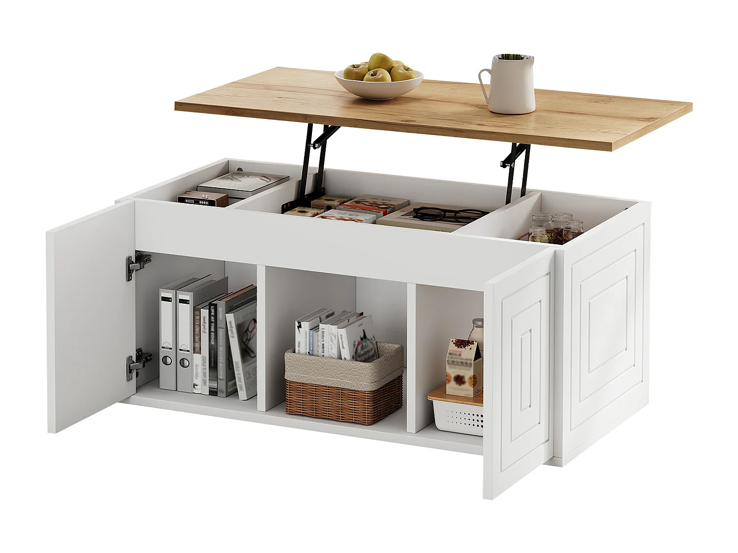 Höhenverstellbarer Couchtisch 95x46x45 cm - 2 Schranktüren - Spanplatten - Weiß + Naturholz