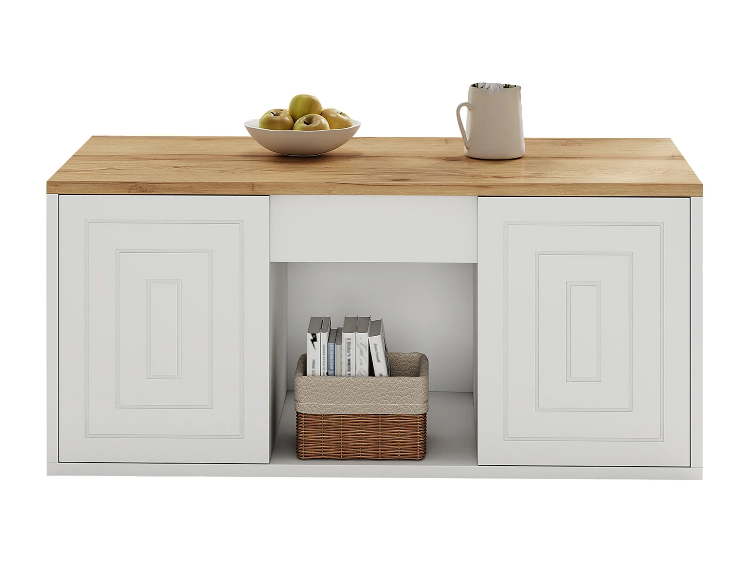 Höhenverstellbarer Couchtisch 95x46x45 cm - 2 Schranktüren - Spanplatten - Weiß + Naturholz