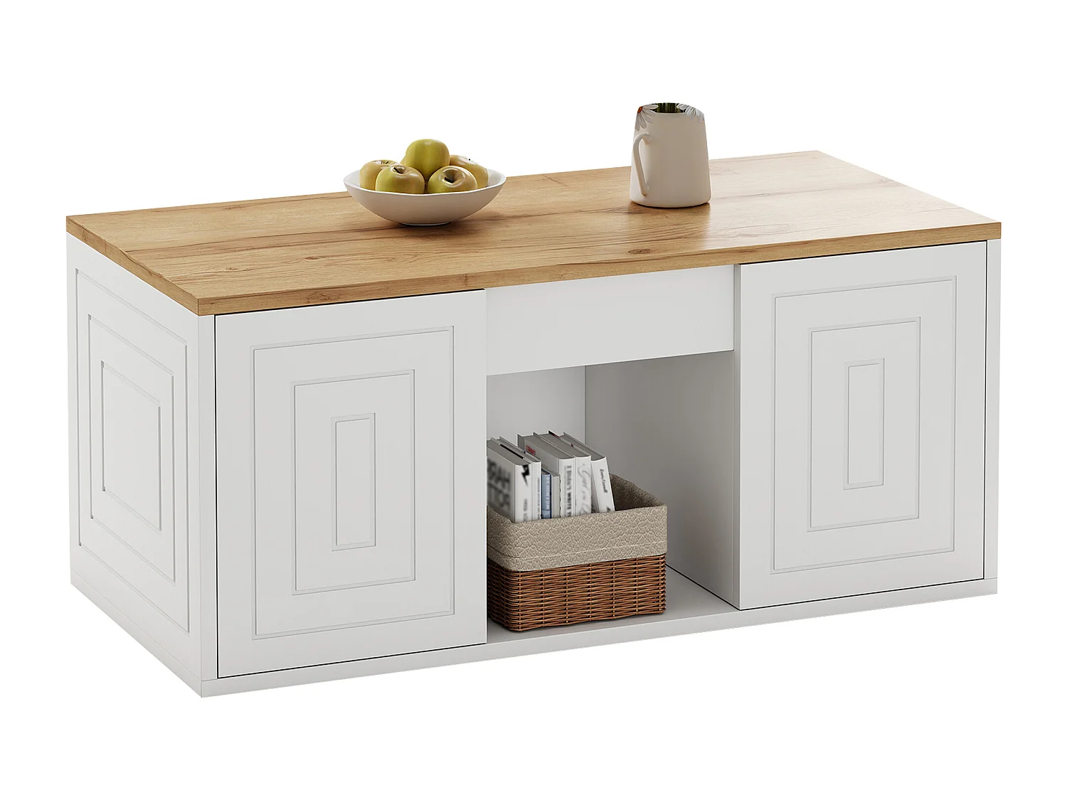 Höhenverstellbarer Couchtisch 95x46x45 cm - 2 Schranktüren - Spanplatten - Weiß + Naturholz