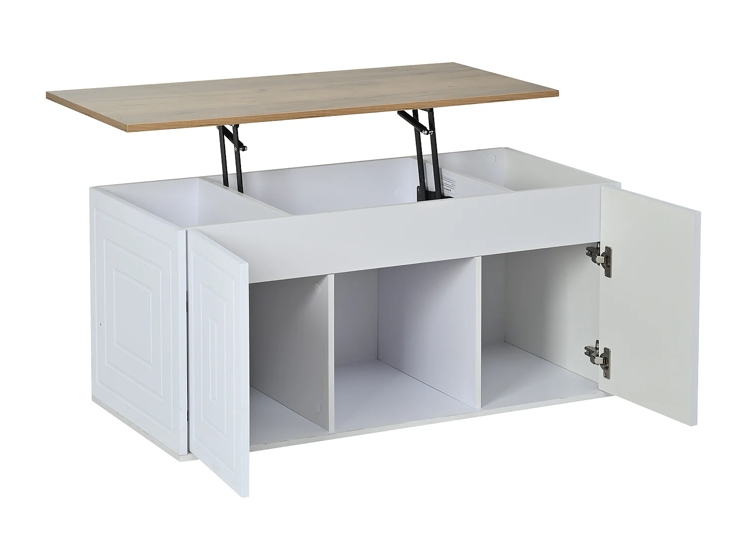 Höhenverstellbarer Couchtisch 95x46x45 cm - 2 Schranktüren - Spanplatten - Weiß + Naturholz