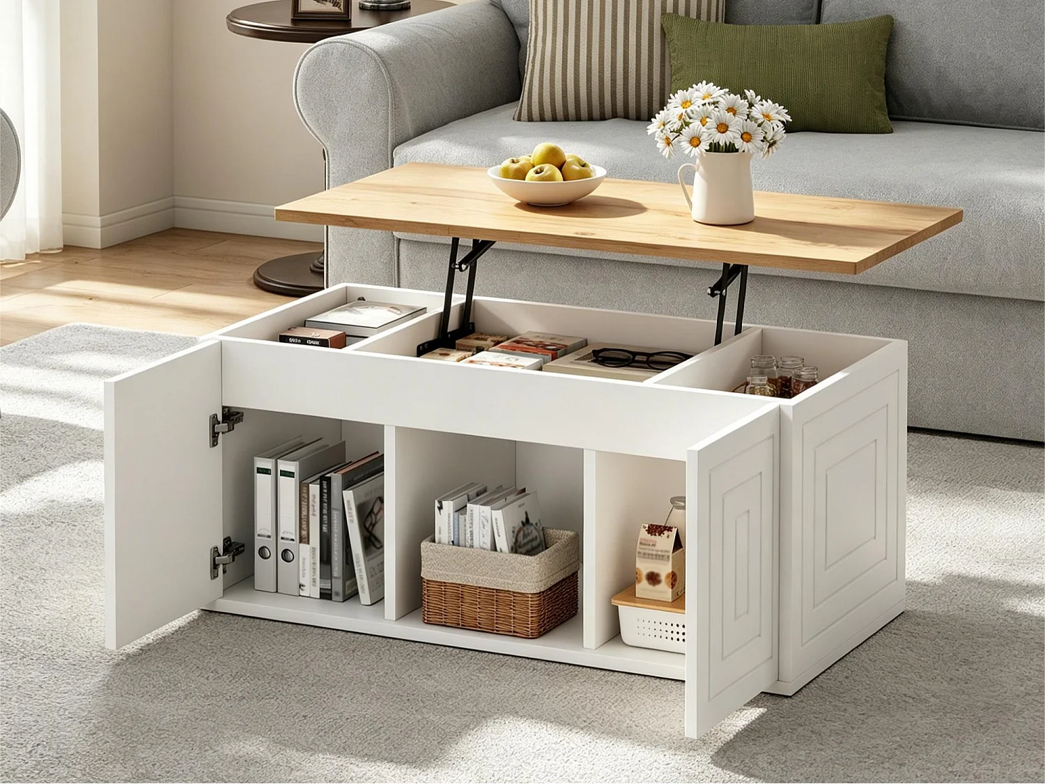 Höhenverstellbarer Couchtisch 95x46x45 cm - 2 Schranktüren - Spanplatten - Weiß + Naturholz