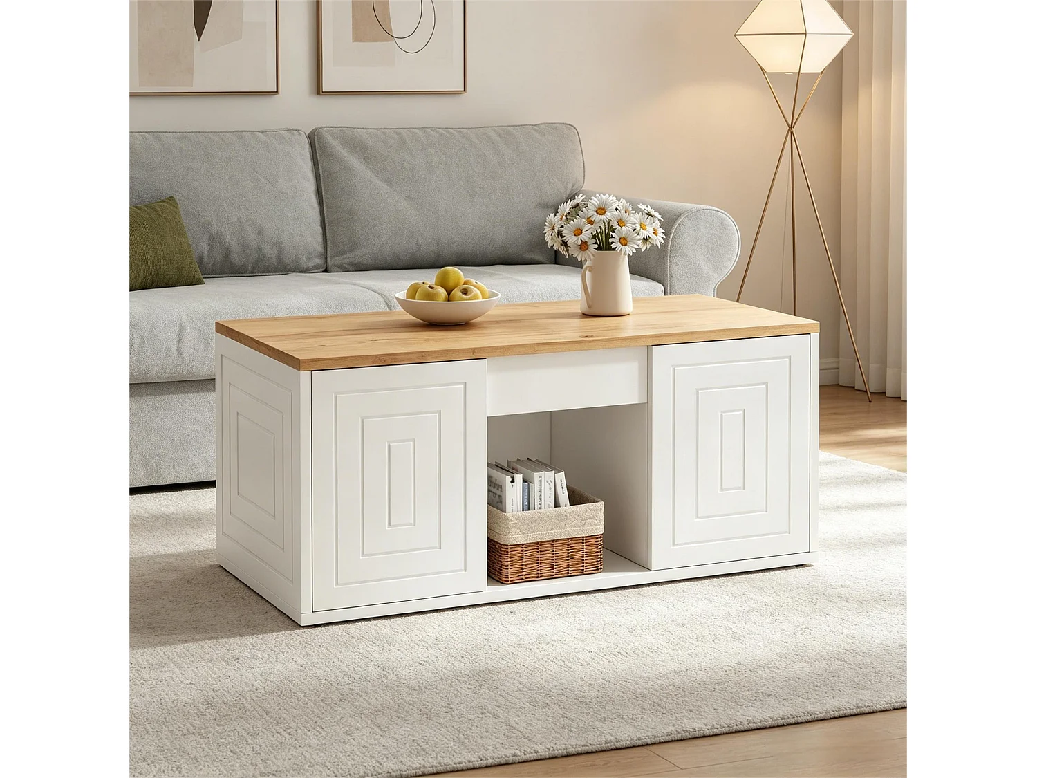 Höhenverstellbarer Couchtisch 95x46x45 cm - 2 Schranktüren - Spanplatten - Weiß + Naturholz