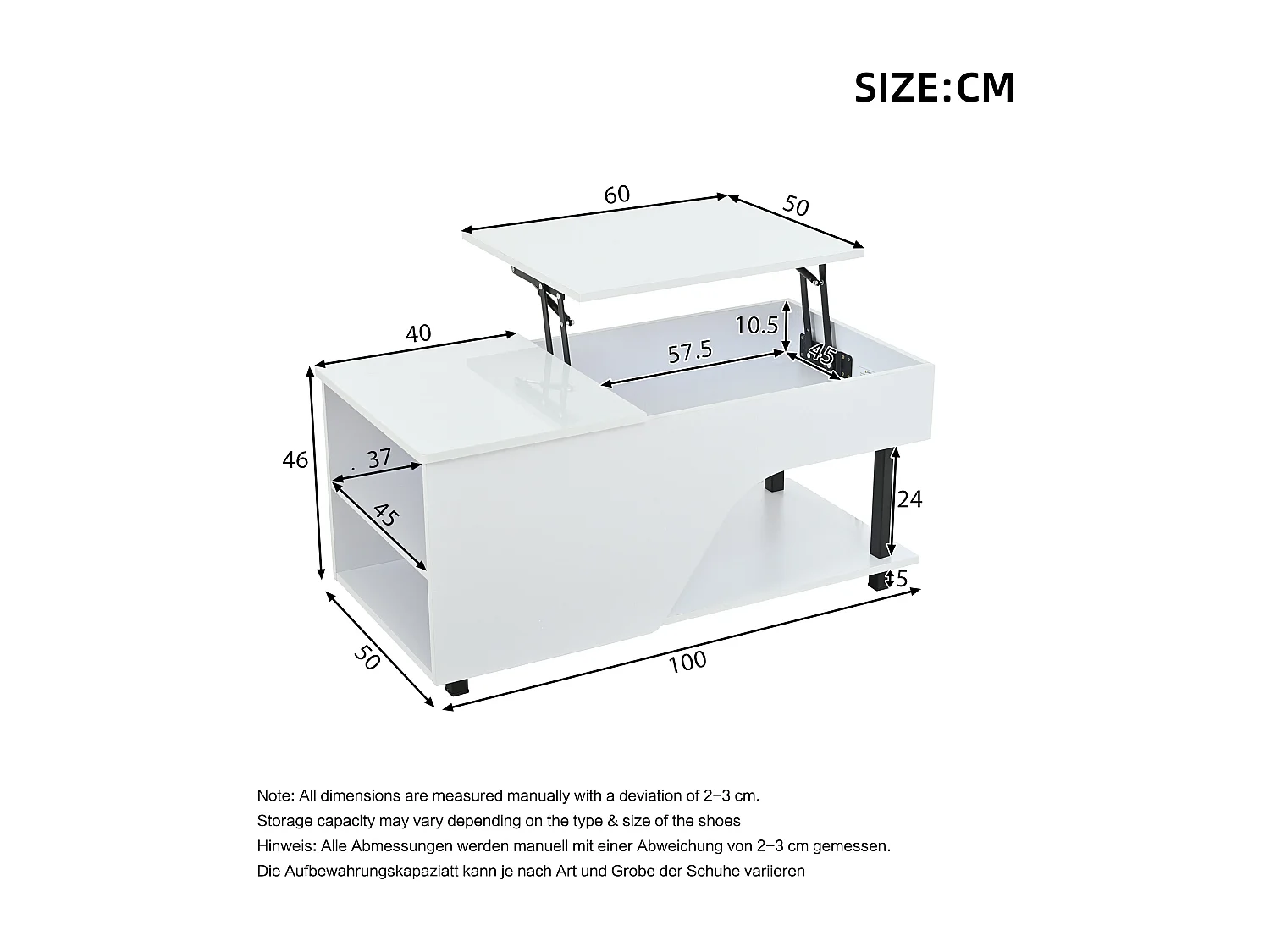 Table basse relevable 100x50x46 cm - avec éclairage LED - rangement dissimulé - Finition brillante - Pieds en métal - Blanc