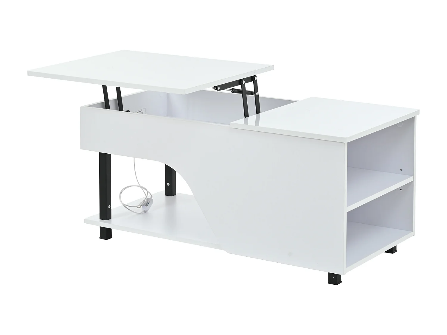 Table basse relevable 100x50x46 cm - avec éclairage LED - rangement dissimulé - Finition brillante - Pieds en métal - Blanc