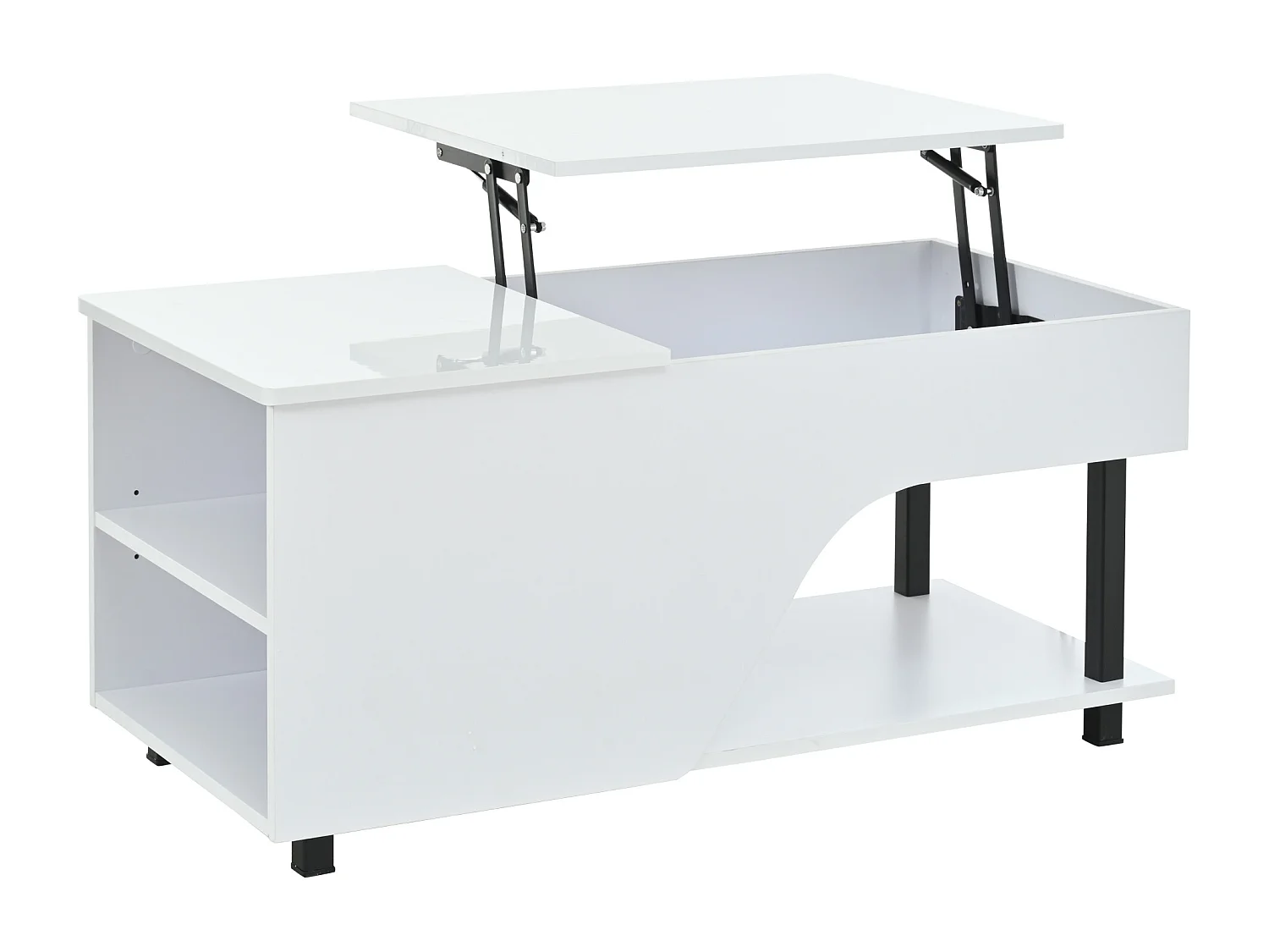 Table basse relevable 100x50x46 cm - avec éclairage LED - rangement dissimulé - Finition brillante - Pieds en métal - Blanc