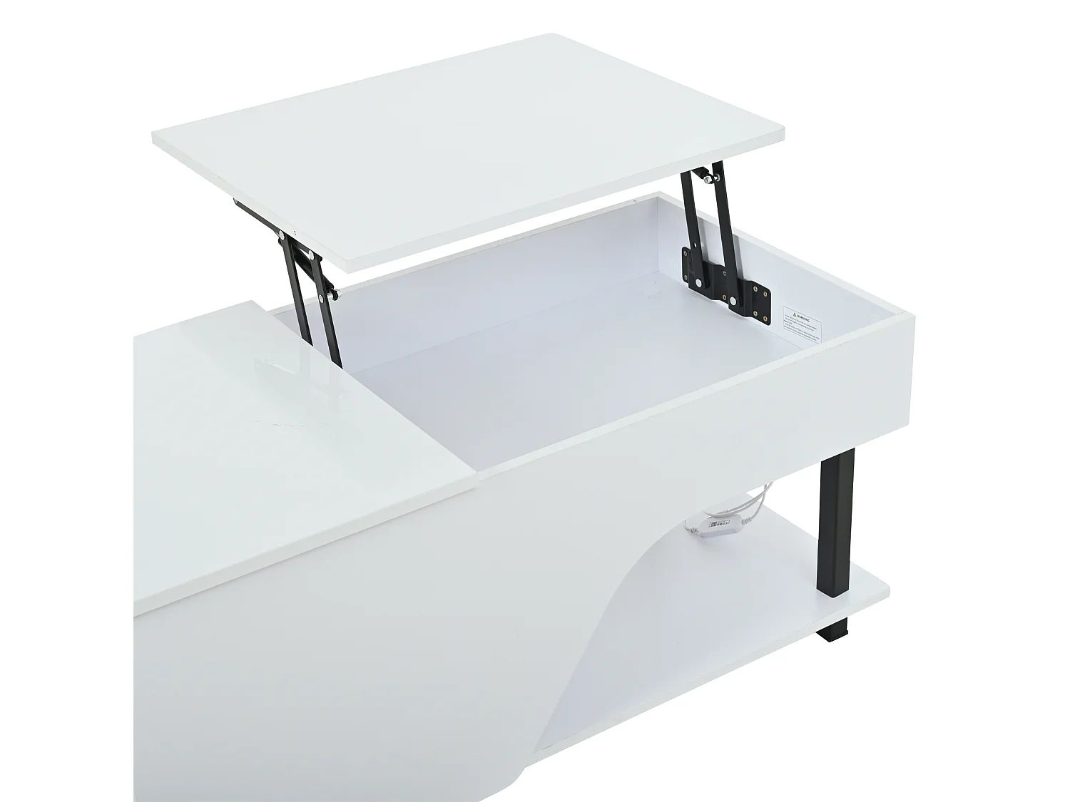 Table basse relevable 100x50x46 cm - avec éclairage LED - rangement dissimulé - Finition brillante - Pieds en métal - Blanc