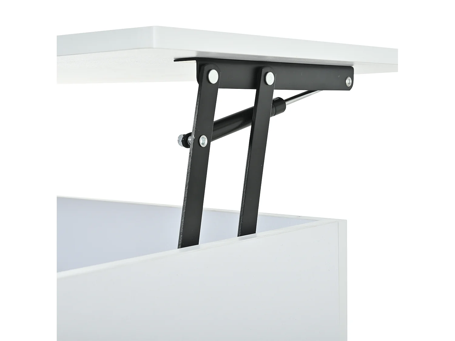 Table basse relevable 100x50x46 cm - avec éclairage LED - rangement dissimulé - Finition brillante - Pieds en métal - Blanc