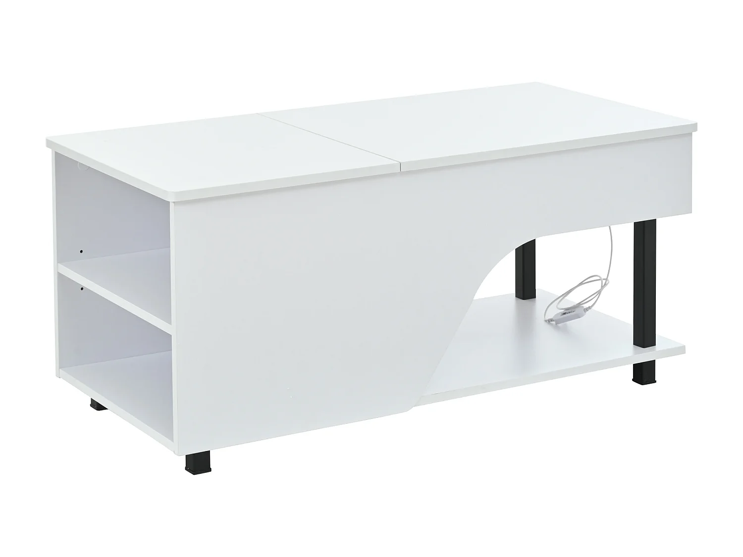 Table basse relevable 100x50x46 cm - avec éclairage LED - rangement dissimulé - Finition brillante - Pieds en métal - Blanc