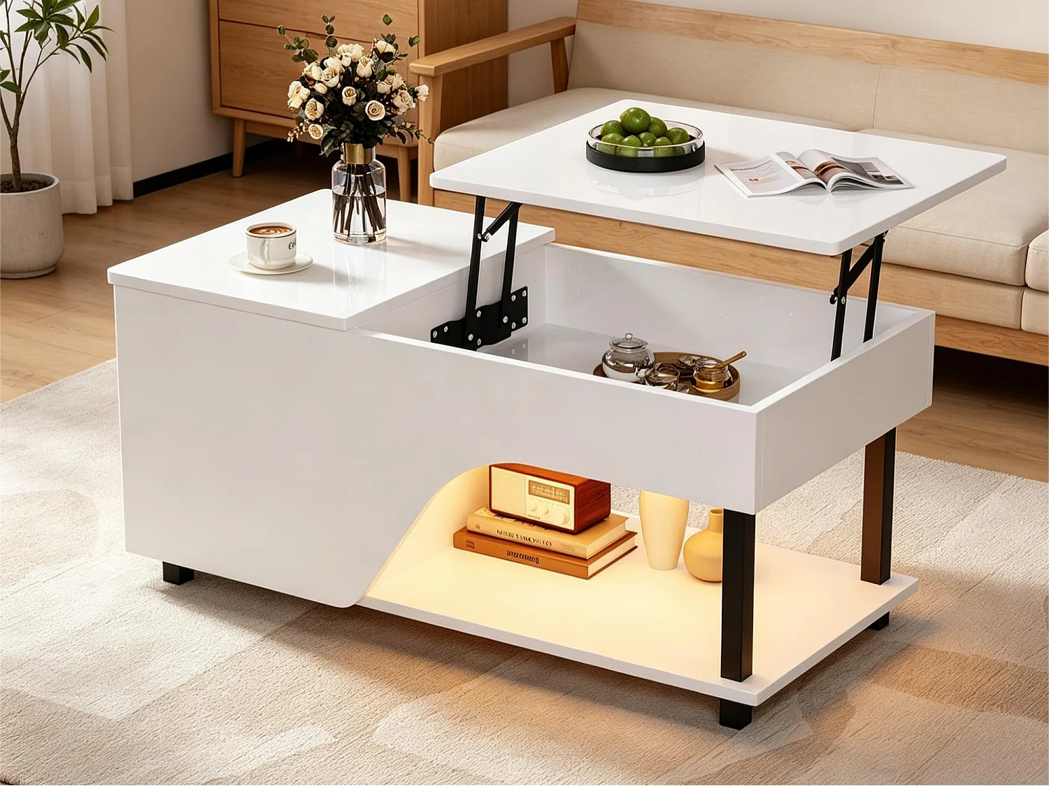 Table basse relevable 100x50x46 cm - avec éclairage LED - rangement dissimulé - Finition brillante - Pieds en métal - Blanc