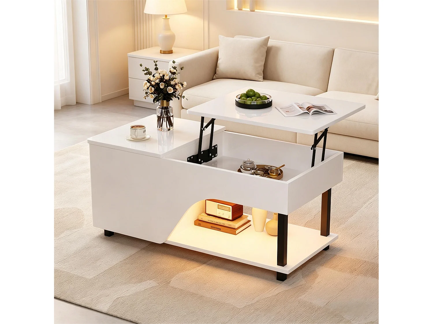 Table basse relevable 100x50x46 cm - avec éclairage LED - rangement dissimulé - Finition brillante - Pieds en métal - Blanc
