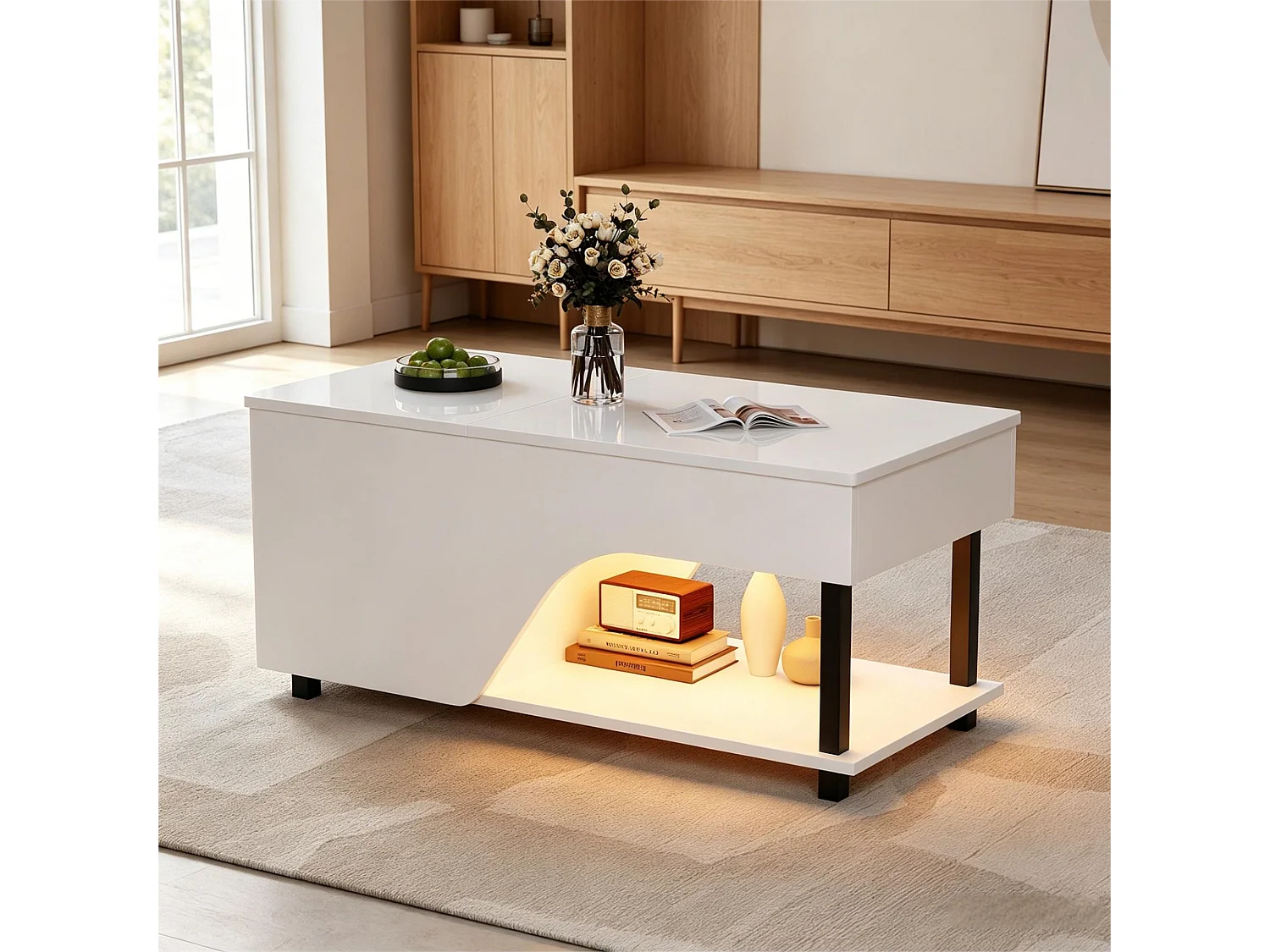 Table basse relevable 100x50x46 cm - avec éclairage LED - rangement dissimulé - Finition brillante - Pieds en métal - Blanc