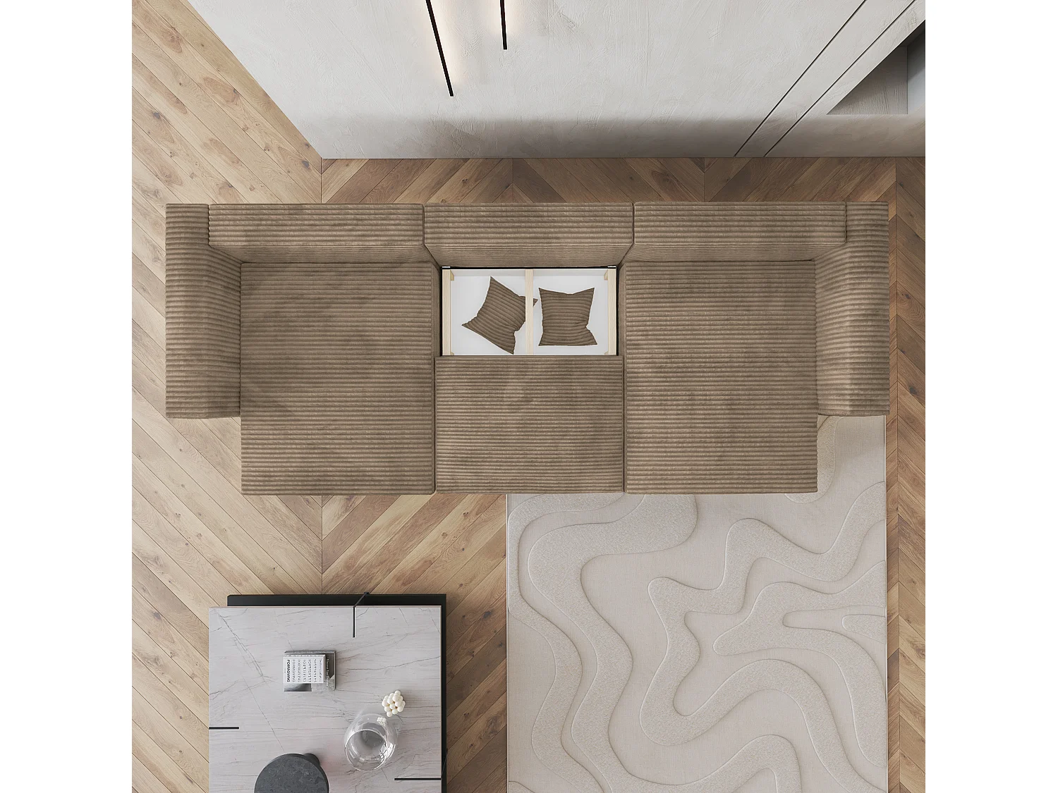 Canapé d'angle SARMO Beige en velours côtelé avec fonction de couchage