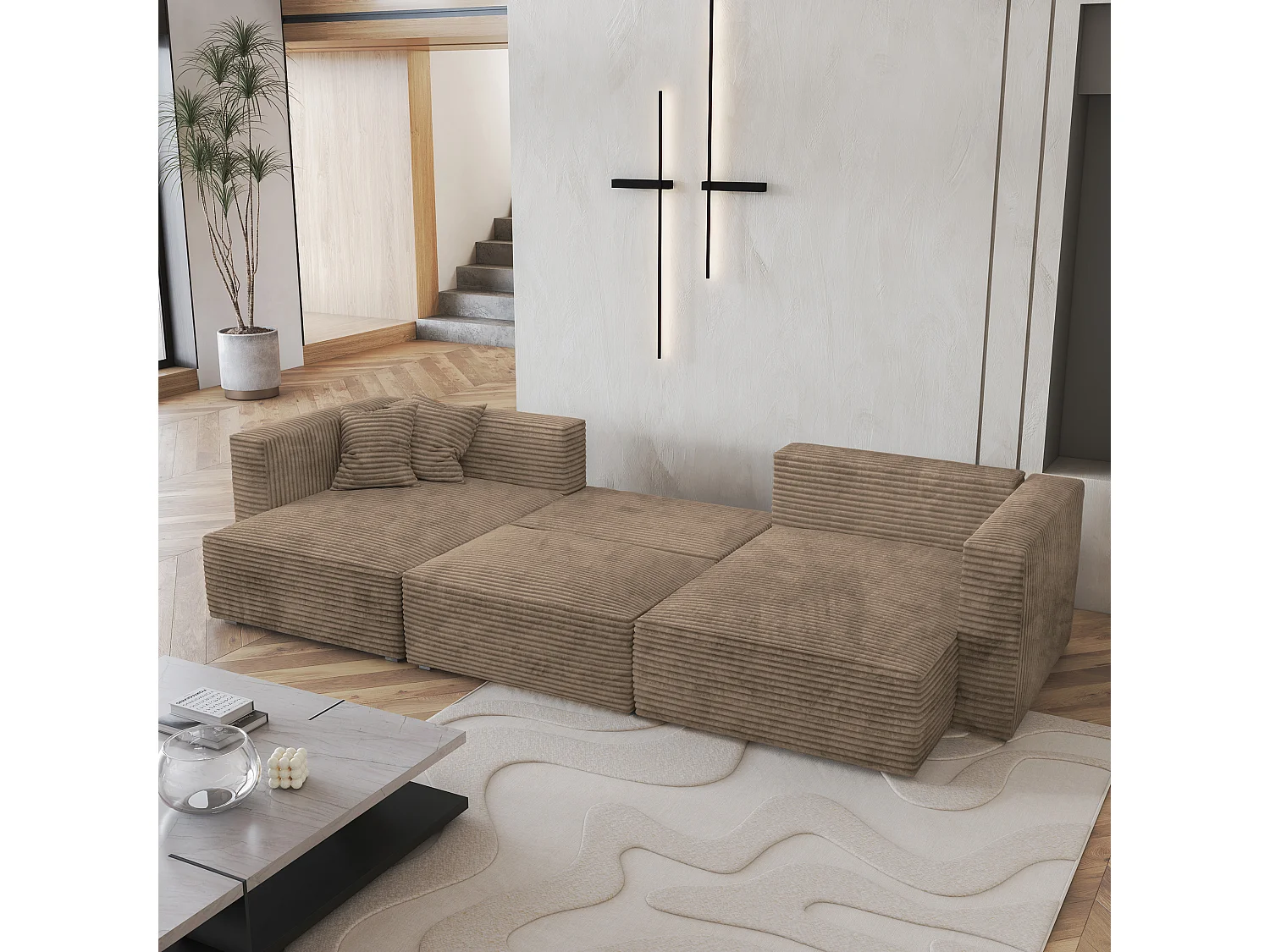 Canapé d'angle SARMO Beige en velours côtelé avec fonction de couchage