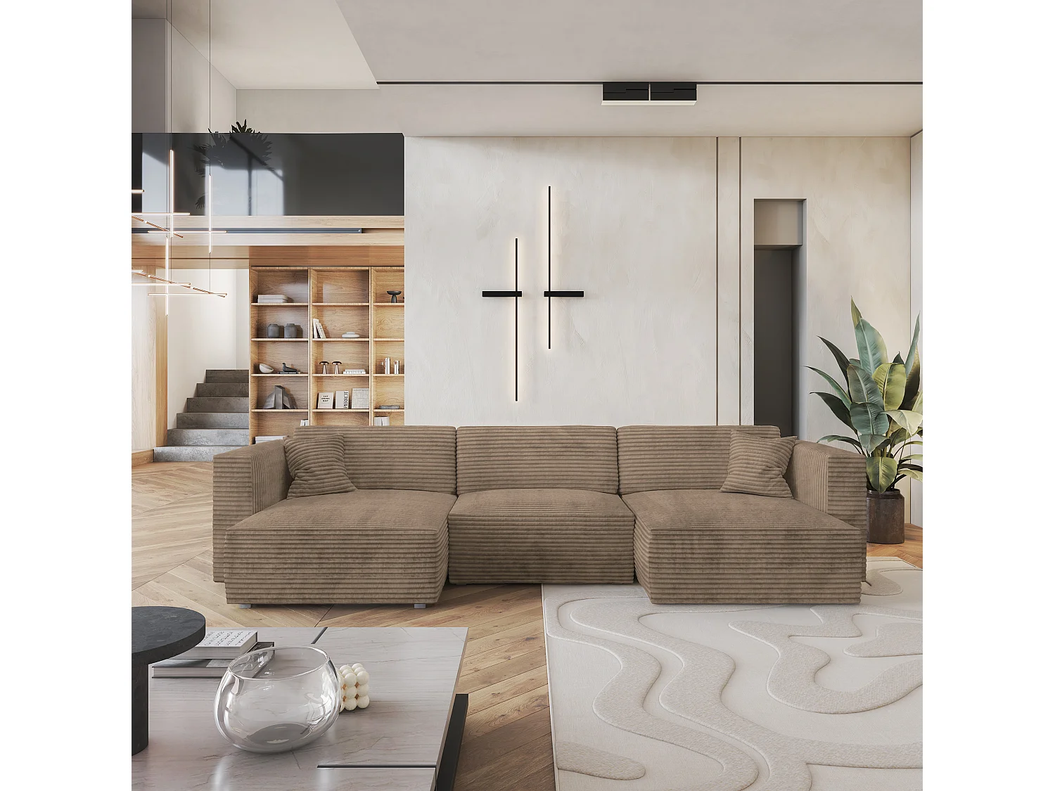Canapé d'angle SARMO Beige en velours côtelé avec fonction de couchage