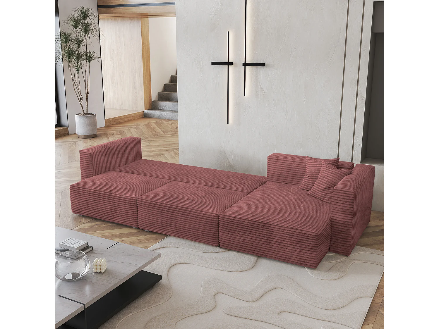 Canapé d'angle TOLMO Rose en velours côtelé avec fonction de couchage
