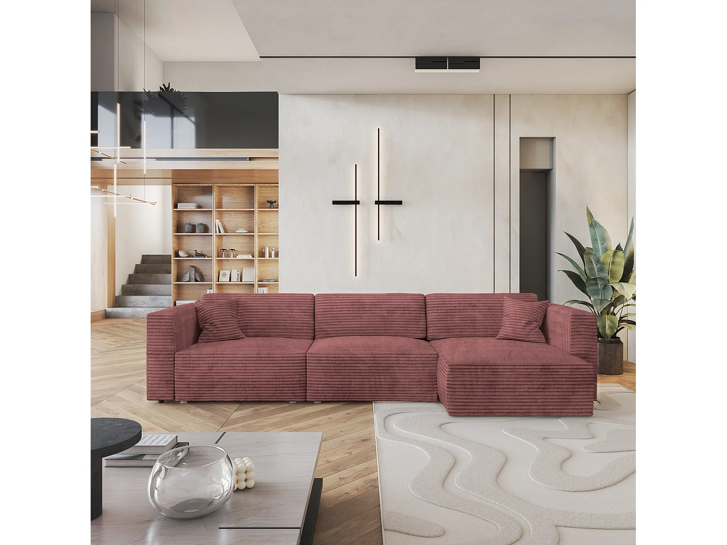 Canapé d'angle TOLMO Rose en velours côtelé avec fonction de couchage