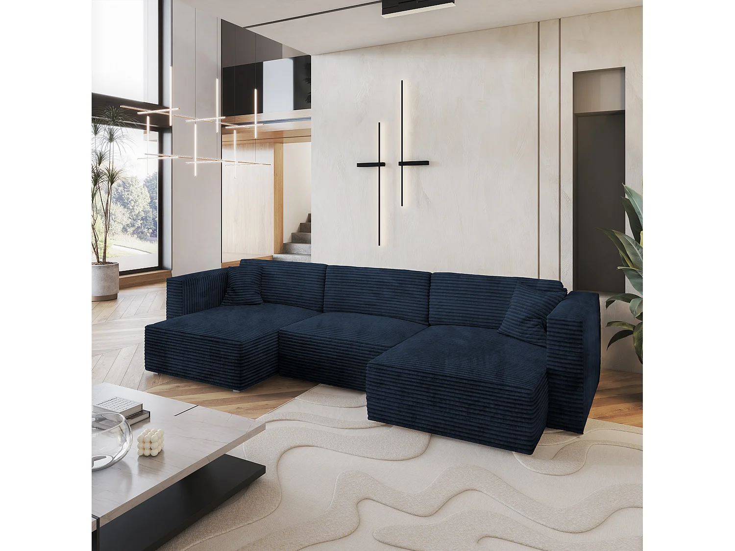Canapé d'angle SARMO Bleu en velours côtelé avec fonction de couchage