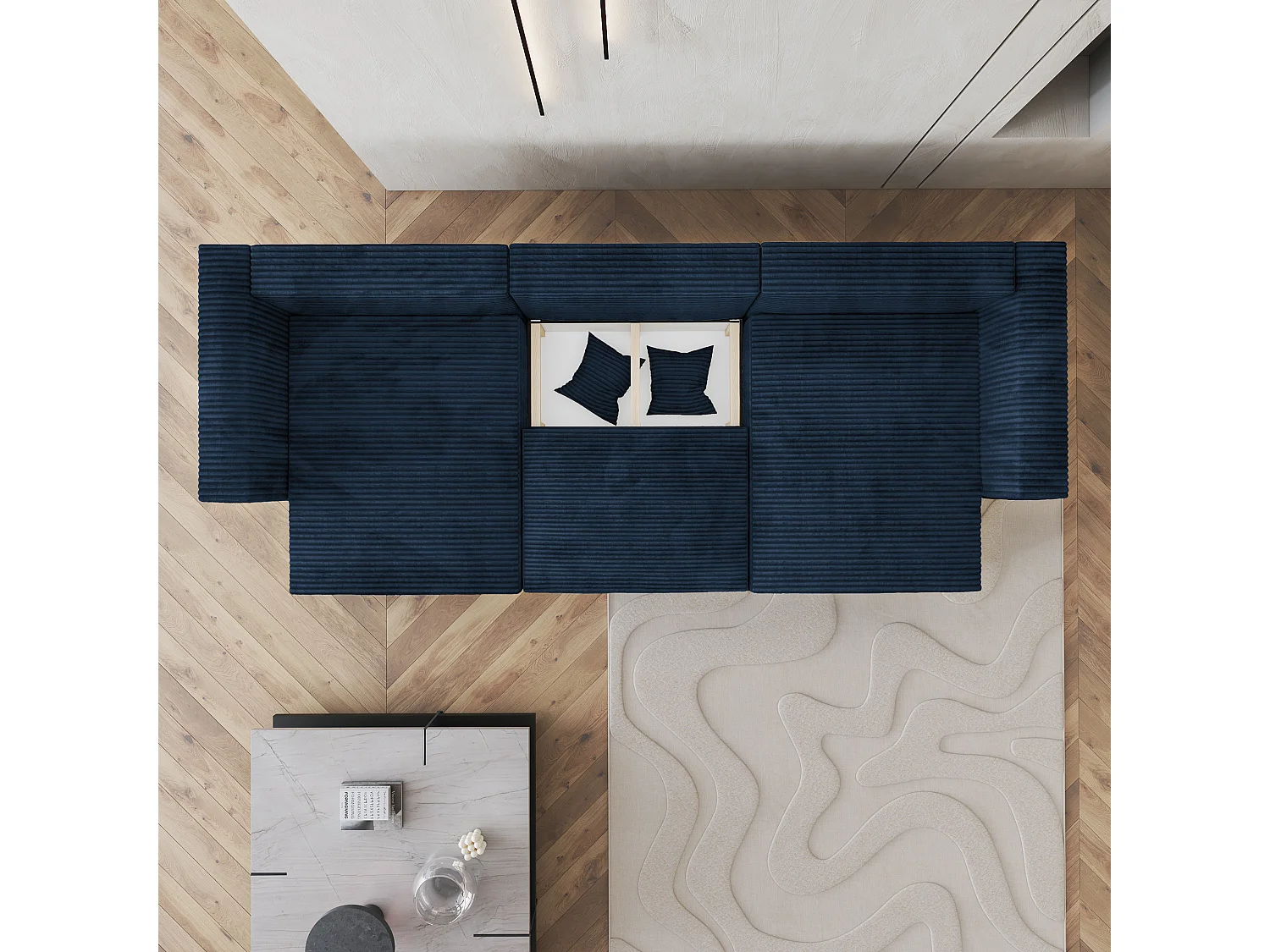 Canapé d'angle SARMO Bleu en velours côtelé avec fonction de couchage